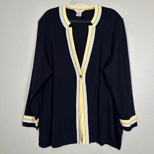 Exclussively Misook plus size 3X knit cardigan one button navy yellow acrylic